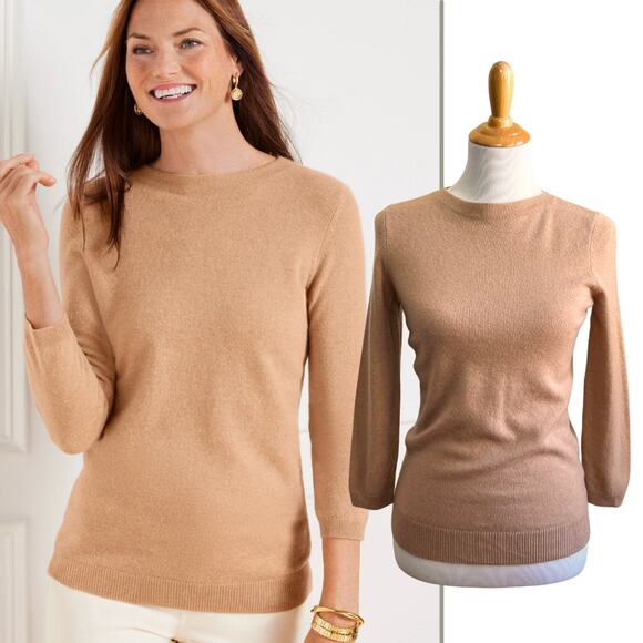 Talbots Tan 100% Cashmere 3/4 Sleeve Crewneck Audrey Sweater XS - Picture 1 of 7